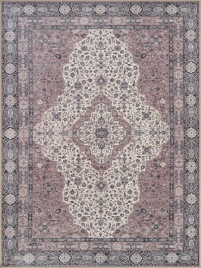 Bloom Rugs Washable Non-Slip 4' x 6' Rug - Cream/Green Traditional Medallion Area Rug for Living Room, Bedroom, Dining Room, and Kitchen - Exact Size: 4' x 6'