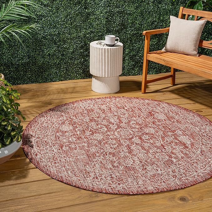 JONATHAN Y Weave Floral Indoor Outdoor Round Area Rug 6 Ft Red/Taupe, Tela Bohemian Textured for Backyard, Patio, Porch, Easy-Cleaning, High Traffic, Pet-Friendly, Non-Shedding (SMB100A-6R)