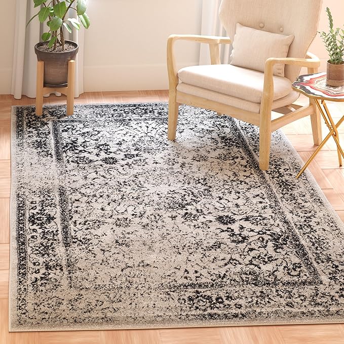 SAFAVIEH Area Rug 4x6 - Adirondack Collection - Grey & Black, Distressed Vintage Floral Design, Non-Shedding & Easy to Clean, Ideal for Living Room, Bedroom, Dining Space (ADR109B)