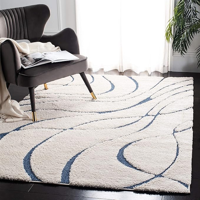 SAFAVIEH Florida Shag Collection Area Rug - 11' Square, Cream & Blue, Non-Shedding & Easy Care, 1.2-inch Thick Ideal for High Traffic Areas in Living Room, Bedroom (SG471-1165)