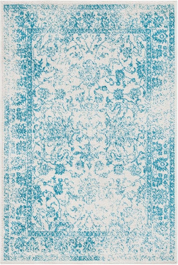 SAFAVIEH Area Rug 4x6 - Adirondack Collection - Ivory & Teal, Distressed Vintage Floral Design, Non-Shedding & Easy to Clean, Ideal for Living Room, Bedroom, Dining Space (ADR109D)
