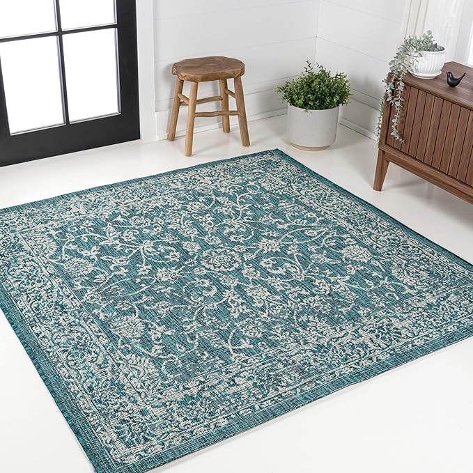JONATHAN Y Weave Floral Indoor Outdoor Square Area Rug 6X6 Teal/Gray, Tela Bohemian Textured for Backyard, Patio, Porch, Easy-Cleaning, High Traffic, Pet-Friendly, Non-Shedding (SMB100C-6SQ)