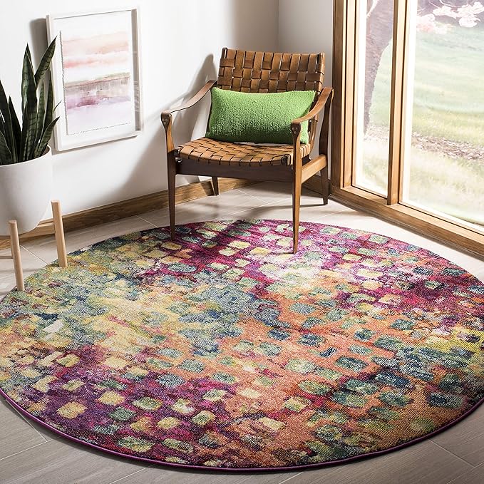 SAFAVIEH Monaco Collection Area Rug - 5' Round, Pink & Multi, Boho Chic Abstract Watercolor Design, Non-Shedding & Easy Care, Ideal for High Traffic Areas in Living Room, Bedroom (MNC225D)