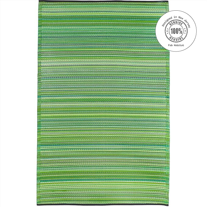 Fab Habitat Outdoor Rug - Waterproof, Fade Resistant, Crease-Free - Premium Recycled Plastic - Striped - Patio, Porch, Deck, Balcony - Cancun - Green - 5 x 8 ft