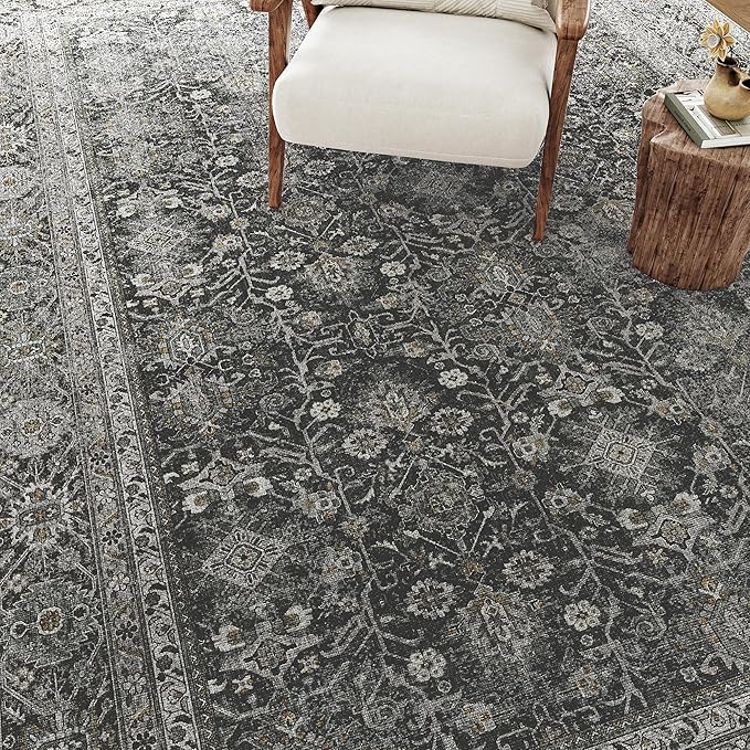 Black Runner Rug 2x10 Vintage Area Carpet Hallway Long Indoor Kitchen Washable Living Room Low Pile Traditional Distressed Retro Accent Throw Rug Non Slip Laundry Bathroom Office Dining Room