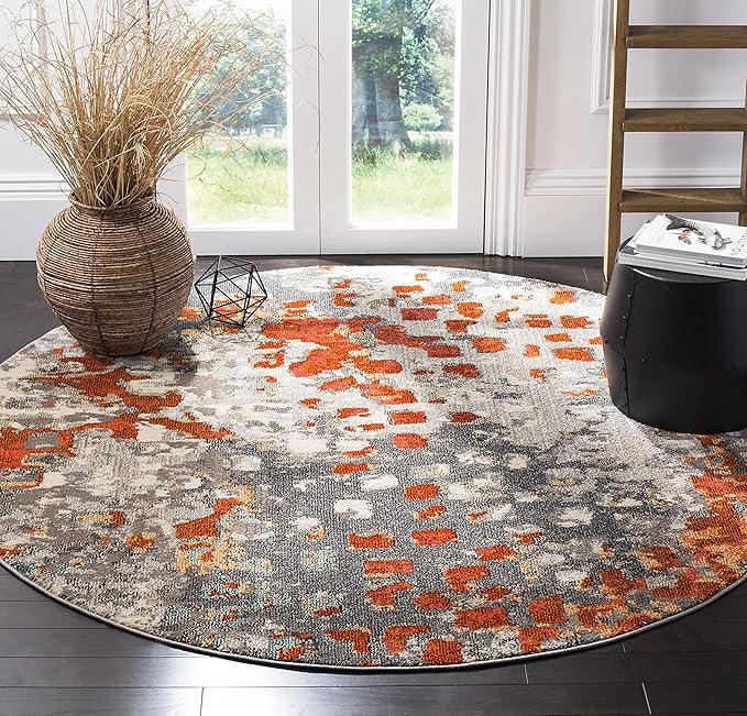 SAFAVIEH Monaco Collection Area Rug - 5' Round, Grey & Orange, Boho Chic Abstract Watercolor Design, Non-Shedding & Easy Care, Ideal for High Traffic Areas in Living Room, Bedroom (MNC225H)
