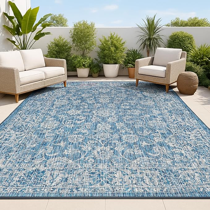 JONATHAN Y Weave Floral Indoor Outdoor Area Rug 10X14 Navy/Gray, Tela Bohemian Textured for Backyard, Patio, Porch, Easy-Cleaning, High Traffic, Pet-Friendly, Non-Shedding (SMB100B-14)