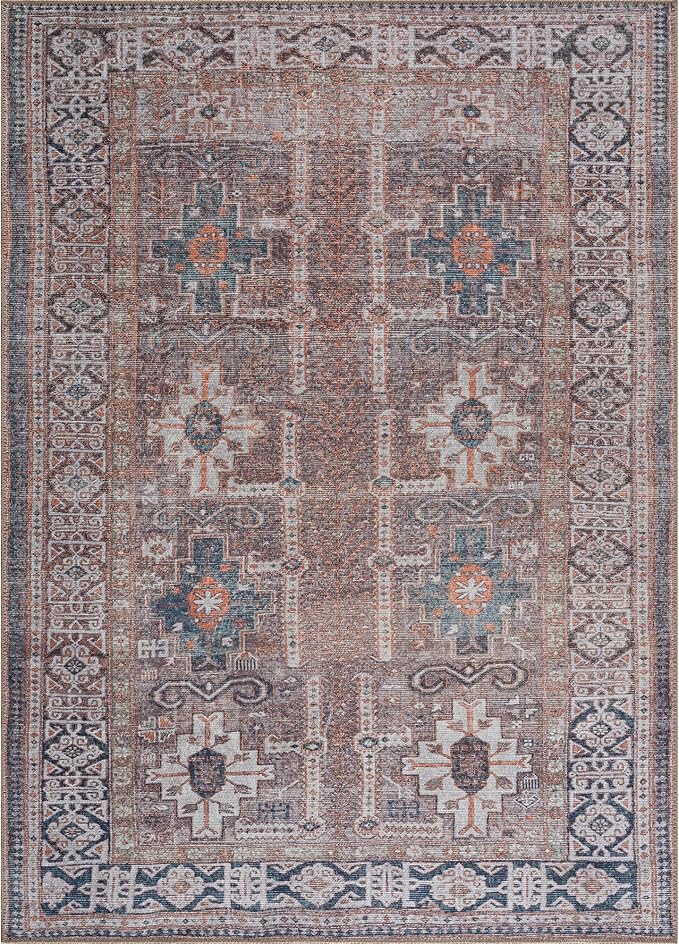 Bloom Rugs Washable 5' x 7' Rug - Brown/Blue/Orange Traditional Area Rug for Living Room, Bedroom, Dining Room, and Kitchen - Exact Size: 5' x 7'