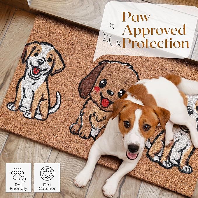 Coir Door Mats 17" X 30", Non-Slip Sturdy, PVC Backed Heavy Duty, Easy to Clean, Ideal for Door Entrance, Patio, Porch, Backyard, Garages, The 3 Cute Musketeer Puppies