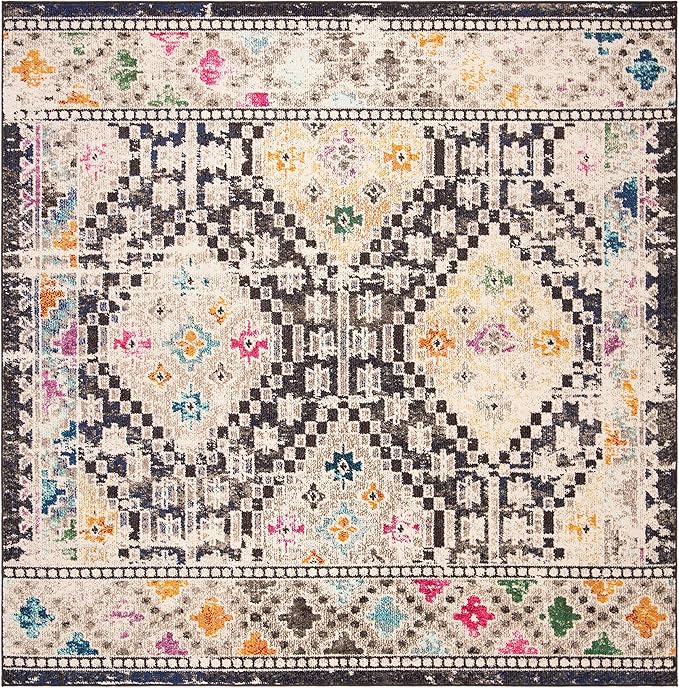 SAFAVIEH Madison Collection Area Rug - 6'7" Square, Black & Yellow, Boho Diamond Distressed Design, Non-Shedding & Easy Care, Ideal for High Traffic Areas in Living Room, Bedroom (MAD418Z)