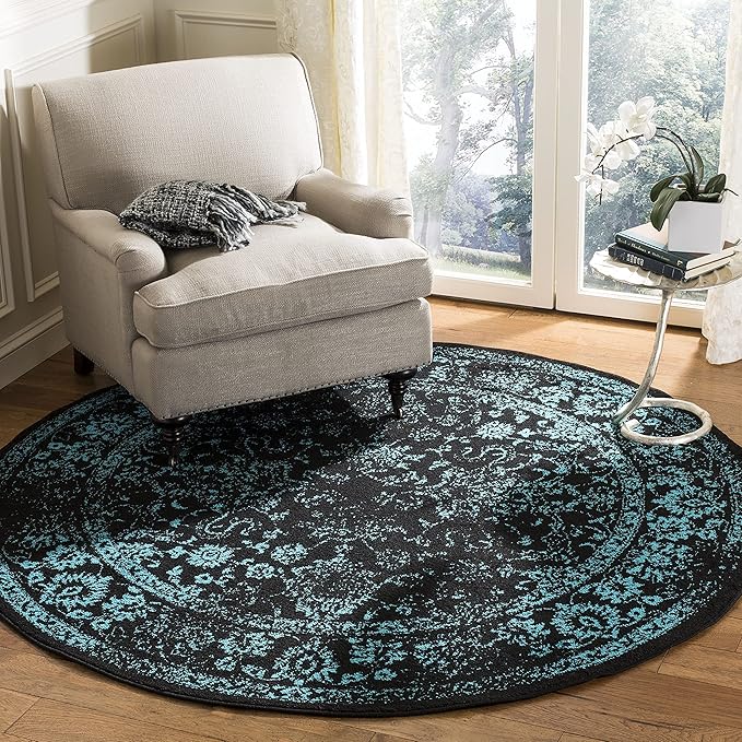 SAFAVIEH Adirondack Collection Area Rug - 4' Round, Black & Teal, Distressed Vintage Floral Design, Non-Shedding & Easy to Clean, Ideal for Living Room, Bedroom, Dining Space (ADR109K)