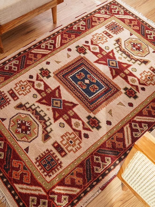 Hand Knotted Wool & Silk ECO-Friendly Oriental Area Rugs - 6'x9', Rectangle Shape, Cream Burgundy Color, Classic Oriental Traditional, Medium Pile Handmade Area Rugs (AF0102)