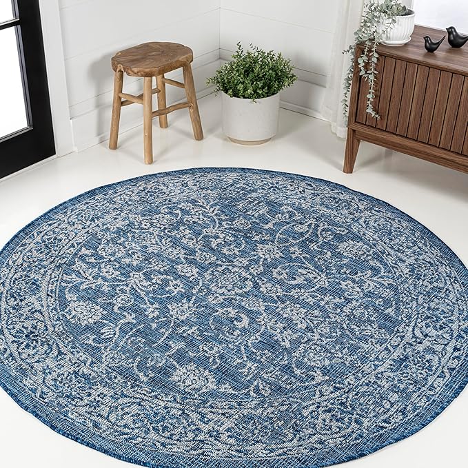 JONATHAN Y Weave Floral Indoor Outdoor Round Area Rug 4 Ft Navy/Gray, Tela Bohemian Textured for Backyard, Patio, Porch, Easy-Cleaning, High Traffic, Pet-Friendly, Non-Shedding (SMB100B-4R)