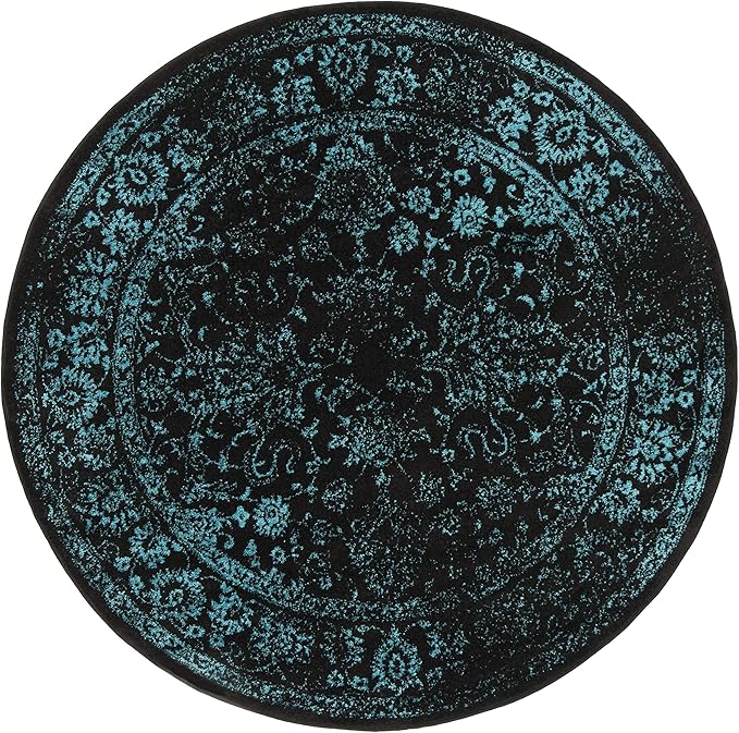 SAFAVIEH Adirondack Collection Area Rug - 8' Round, Black & Teal, Distressed Vintage Floral Design, Non-Shedding & Easy to Clean, Ideal for Living Room, Bedroom, Dining Space (ADR109K)