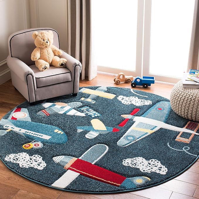 SAFAVIEH Carousel Kids Collection Area Rug - 4' Round, Navy & Ivory, Non-Shedding & Easy Care, Ideal for High Traffic Areas for Boys & Girls in Playroom, Nursery, Bedroom (CRK167N)