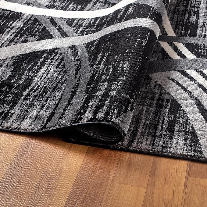 Rugshop Modern Wavy Circles Design Area Rug, Fade-Resistant Carpet for Living Room, Bedroom, or Dining Room, Black, 6'6" x 9'