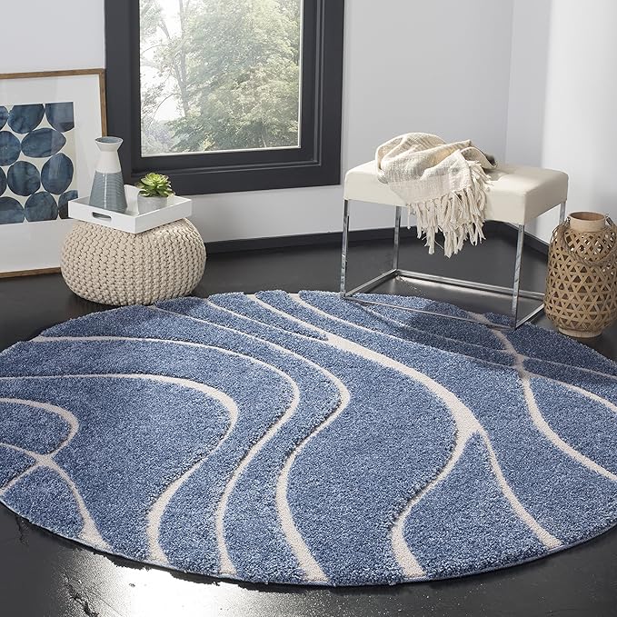 SAFAVIEH Florida Shag Collection Area Rug - 6'7" Round, Light Blue & Cream, Non-Shedding & Easy Care, 1.2-inch Thick Ideal for High Traffic Areas in Living Room, Bedroom (SG471-6011)