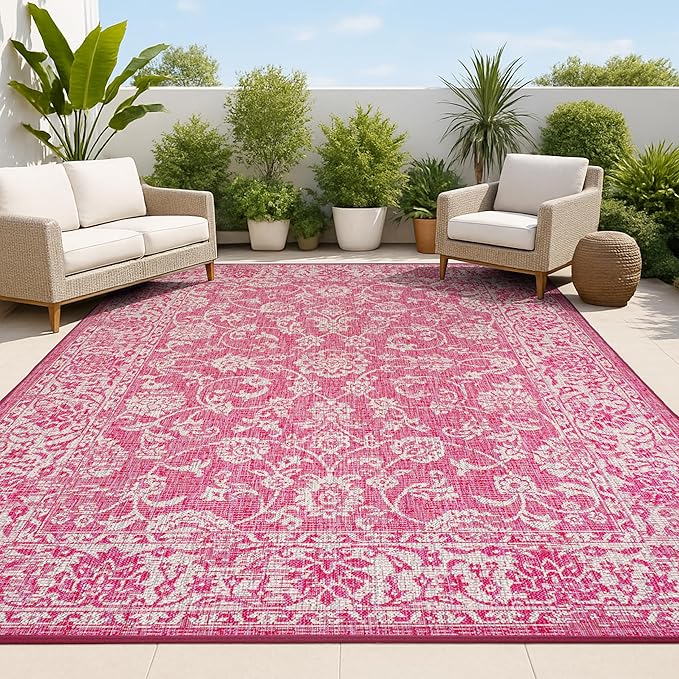 JONATHAN Y Weave Floral Indoor Outdoor Area Rug 4X6 Fuchsia/Light Gray, Tela Bohemian Textured for Backyard, Patio, Porch, Easy-Cleaning, High Traffic, Pet-Friendly, Non-Shedding (SMB100G-4)