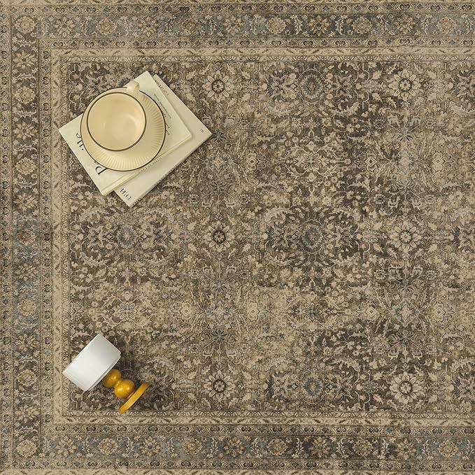 Brown 6x9 Area Rug Washable Vintage Carpet for Living Room Bedroom Large Soft Retro Floral Low Pile Thin Indoor Rug Non Slip Traditional Distressed Floor Cover for Dining Room Office