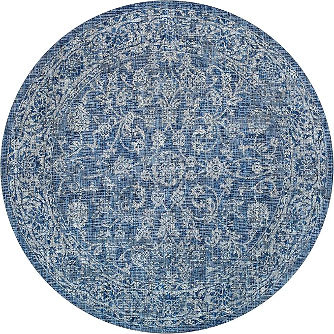 JONATHAN Y Weave Floral Indoor Outdoor Round Area Rug 5 Ft Navy/Gray, Tela Bohemian Textured for Backyard, Patio, Porch, Easy-Cleaning, High Traffic, Pet-Friendly, Non-Shedding (SMB100B-5R)
