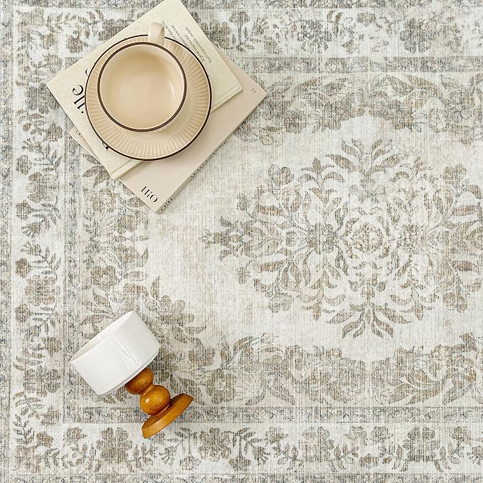 5x7 Area Rug Beige Washable Vintage Distressed Living Room Carpet Large Bedroom Indoor Medallion Floral Non Slip Retro Throw Floor Mat for Office Dining Room Kitchen Bathroom