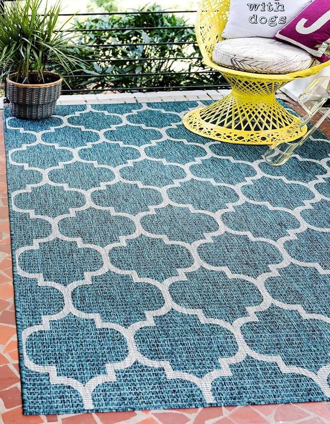 Unique Loom Outdoor Trellis Collection Area Rug (6' 1" x 9' Rectangle, Teal/ Gray)
