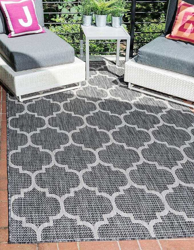 Unique Loom Outdoor Trellis Collection Area Rug (9' x 12' Rectangle, Black/ Ivory)