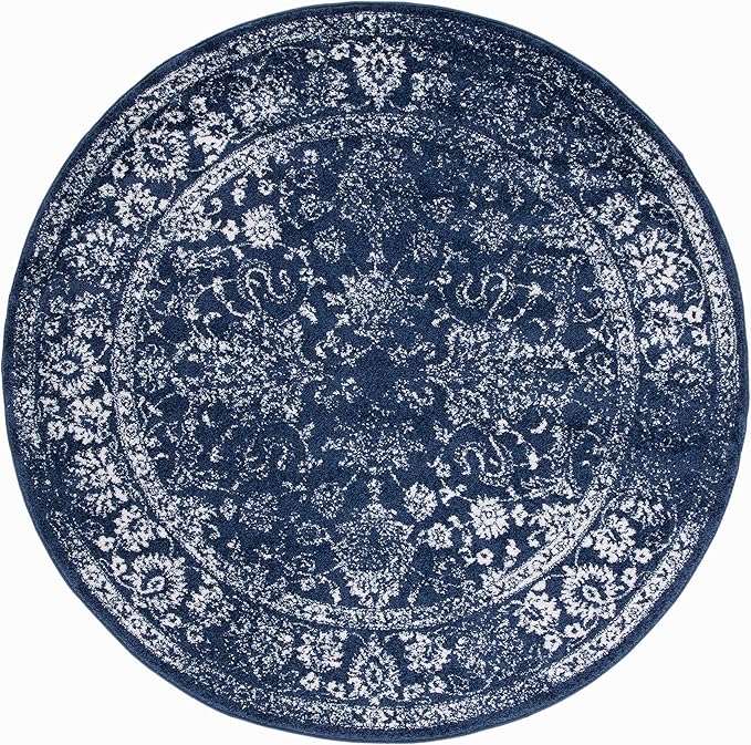 SAFAVIEH Adirondack Collection Area Rug - 3' Round, Navy & Ivory, Distressed Vintage Floral Design, Non-Shedding & Easy to Clean, Ideal for Living Room, Bedroom, Dining Space (ADR109N)