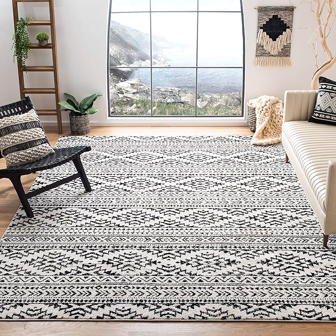 SAFAVIEH Tulum Collection Area Rug - 8' Square, Ivory & Black, Moroccan Boho Tribal Design, Non-Shedding & Easy to Clean, Ideal for Living Room, Bedroom, Dining Space (TUL272B)