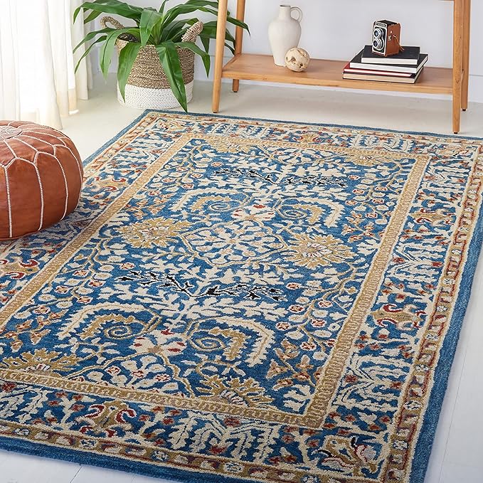 SAFAVIEH Antiquity Collection Area Rug - 4' Square, Dark Blue & Multi, Handmade Traditional Oriental Wool, Ideal for High Traffic Areas in Living Room, Bedroom (AT64B)