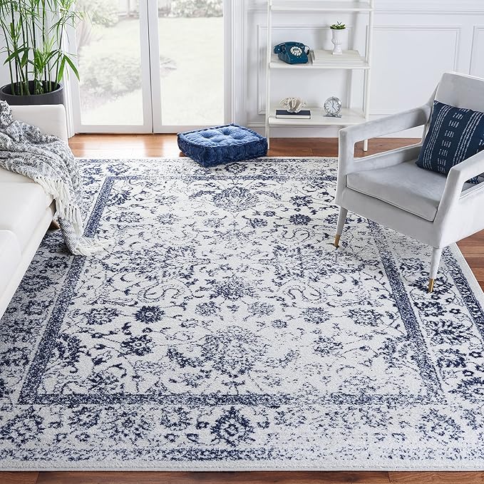 SAFAVIEH Area Rug 8x10 - Adirondack Collection - Large - Ivory & Navy, Distressed Vintage Floral Design, Non-Shedding & Easy Cleaning, Ideal for Living Room, Bedroom, Dining Space (ADR109M)