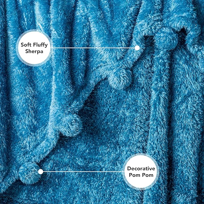 Pavilia Teal Sherpa Throw Blanket for Couch, Warm Plush Pom Blanket Throw, Blue Fuzzy Sofa Throw, Lightweight Soft Cozy Fluffy Blanket with Poms, Turquoise, 50x60