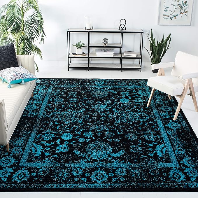 SAFAVIEH Adirondack Collection Area Rug - 8' Square, Black & Teal, Distressed Vintage Floral Design, Non-Shedding & Easy to Clean, Ideal for Living Room, Bedroom, Dining Space (ADR109K)
