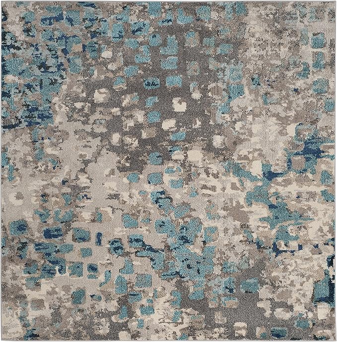 SAFAVIEH Monaco Collection Area Rug - 8'8" Square, Grey & Light Blue, Boho Chic Abstract Watercolor Design, Non-Shedding & Easy Care, Ideal for High Traffic Areas in Living Room, Bedroom (MNC225E)
