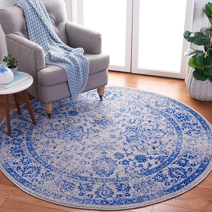 SAFAVIEH Adirondack Collection Area Rug - 10' Round, Grey & Blue, Distressed Vintage Floral Design, Non-Shedding & Easy to Clean, Ideal for Living Room, Bedroom, Dining Space (ADR109A)