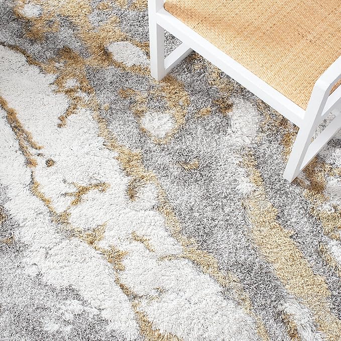 SAFAVIEH Horizon Shag Collection Runner Rug - 2' x 17', Grey & Gold, Modern Abstract Design, Non-Shedding & Easy Care, 2.6-inch Thick Ideal for High Traffic Areas in Living Room, Bedroom (HZN890D)