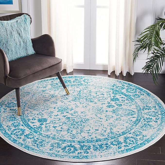 SAFAVIEH Adirondack Collection Area Rug - 4' Round, Ivory & Teal, Distressed Vintage Floral Design, Non-Shedding & Easy to Clean, Ideal for Living Room, Bedroom, Dining Space (ADR109D)