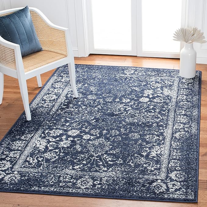 SAFAVIEH Area Rug 6x8 - Adirondack Collection - Navy & Ivory, Distressed Vintage Floral Design, Non-Shedding & Easy to Clean, Ideal for Living Room, Bedroom, Dining Space (ADR109N)
