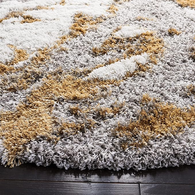 SAFAVIEH Horizon Shag Collection Area Rug - 8' Round, Grey & Gold, Modern Abstract Design, Non-Shedding & Easy Care, 2.6-inch Thick Ideal for High Traffic Areas in Living Room, Bedroom (HZN890D)