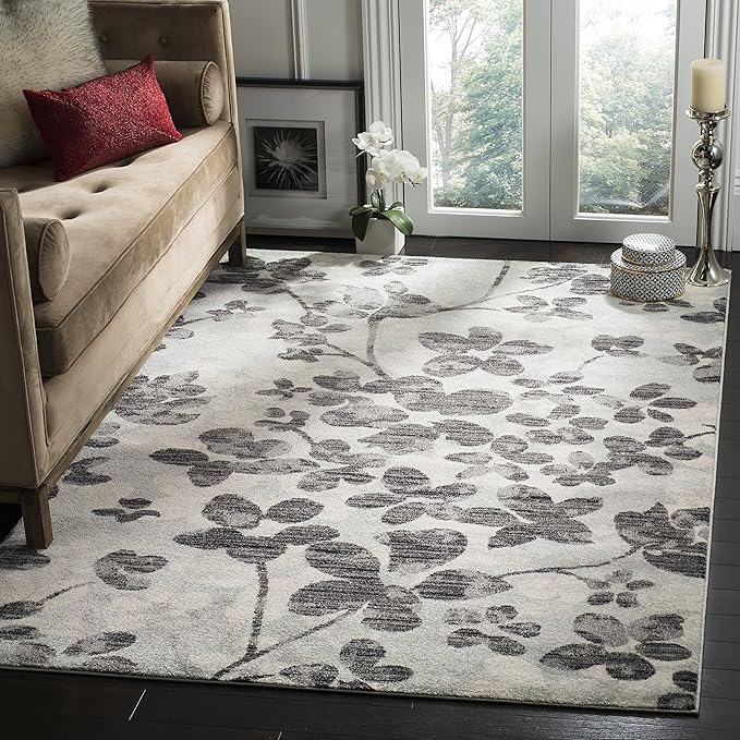 SAFAVIEH Evoke Collection 8' x 10' Grey/Black EVK236R Floral Non-Shedding Living Room Bedroom Dining Home Office Area Rug