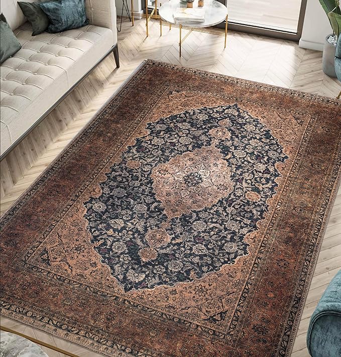 Keen Home Design 5x7 Rug - Machine Washable Area Rug with Non-Slip Backing, Ideal for Living Room, Dining Room, Bedroom - Vintage, Easy Clean, Durable, Low Pile Rug - (5' x 7')