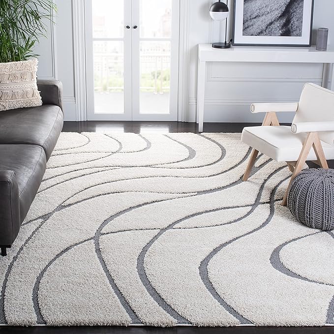 SAFAVIEH Florida Shag Collection Area Rug - 12' Square, Cream & Grey, Non-Shedding & Easy Cleaning, Plush Thick Pile, Ideal for Living Room, Bedroom, Dining Space (SG471-1180)