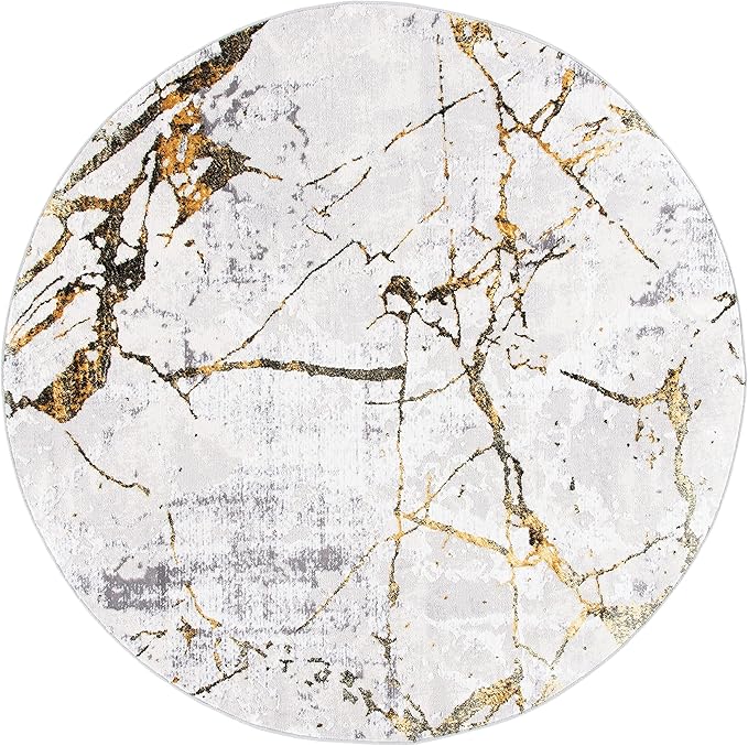 SAFAVIEH Amelia Collection 6'7" Round Grey / Gold ALA293G Modern Abstract Non-Shedding Dining Room Entryway Foyer Living Room Bedroom Area Rug