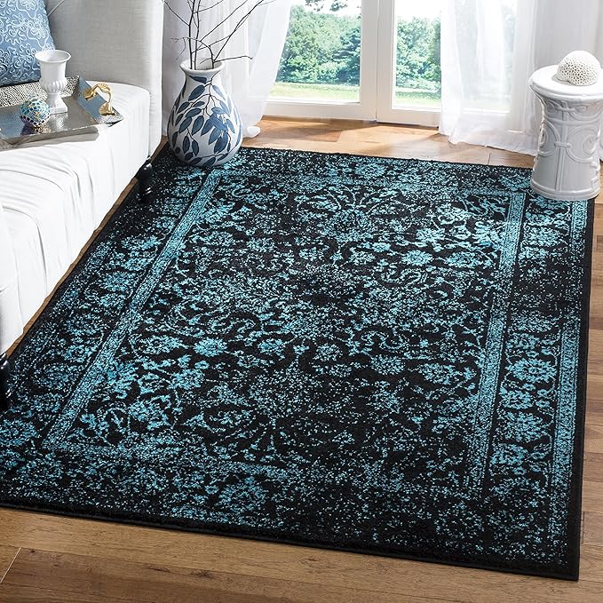 SAFAVIEH Area Rug 3x5 - Adirondack Collection - Black & Teal, Distressed Vintage Floral Design, Non-Shedding & Easy to Clean, Ideal for Living Room, Bedroom, Dining Space (ADR109K)
