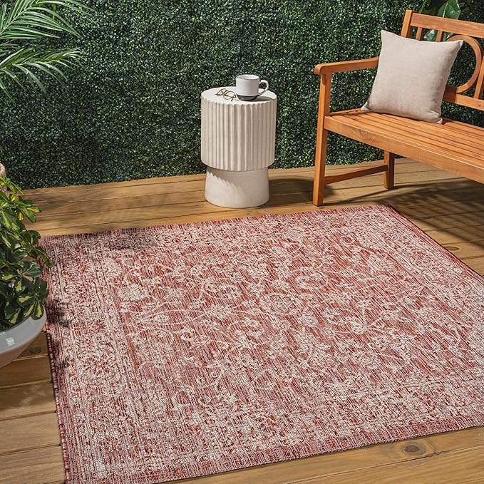 JONATHAN Y Weave Floral Indoor Outdoor Square Area Rug 9X9 Red/Taupe, Tela Bohemian Textured for Backyard, Patio, Porch, Easy-Cleaning, High Traffic, Pet-Friendly, Non-Shedding (SMB100A-9SQ)