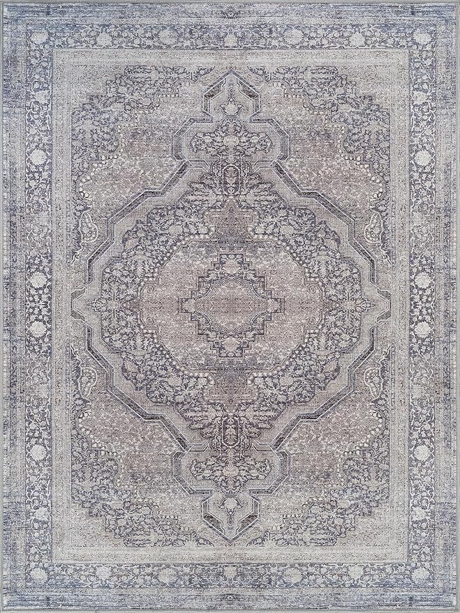 Bloom Rugs Washable Non-Slip 3' x 5' Rug - Blue/Steel Gray/Beige Traditional Medallion Area Rug for Living Room, Bedroom, Dining Room, and Kitchen - Exact Size: 3' x 5'