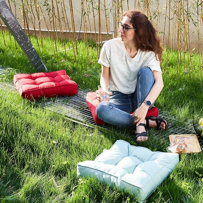 ARTPLAN Outdoor Seat Cushion,Square Thick Tufted Pure Chair Cushion for Patio Wicker Chair with Tie,Set of 2,19"x19"x5",Red