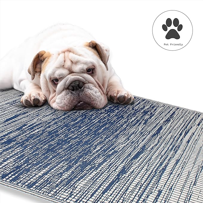 Fab Habitat Outdoor Rug - Waterproof, Fade Resistant, Crease-Free - Premium Recycled Plastic - Distressed Abstract - Porch, Deck, Balcony, Mudroom, Laundry Room, Patio - Brooklyn - Blue - 3 x 5 ft