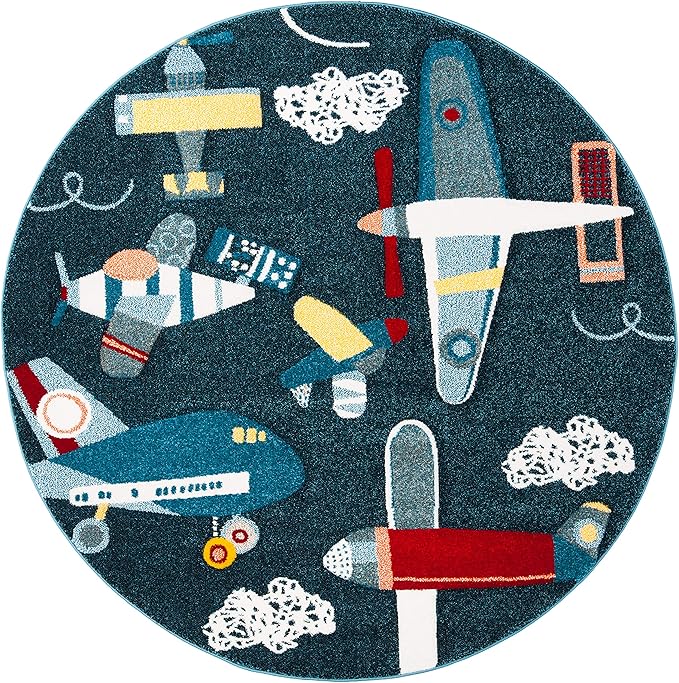 SAFAVIEH Carousel Kids Collection Area Rug - 4' Round, Navy & Ivory, Non-Shedding & Easy Care, Ideal for High Traffic Areas for Boys & Girls in Playroom, Nursery, Bedroom (CRK167N)