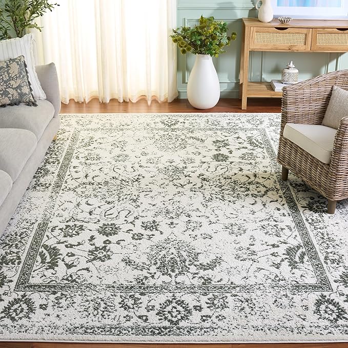 SAFAVIEH Area Rug 6x9 - Adirondack Collection - Ivory & Dark Green, Distressed Vintage Floral Design, Non-Shedding & Easy to Clean, Ideal for Living Room, Bedroom, Dining (ADR109X)